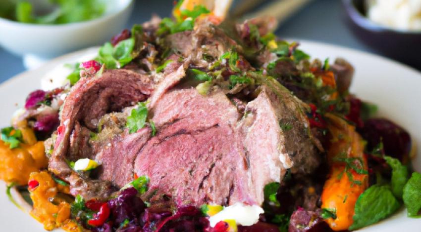 Moroccan Leg of Lamb Recipe with Fragrant Roasted Vegetables and Herby Relish